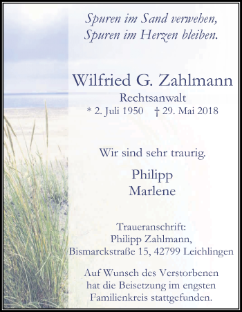Anzeige von Wilfried G. Zahlmann von Kölner Stadt-Anzeiger / Kölnische Rundschau / Express