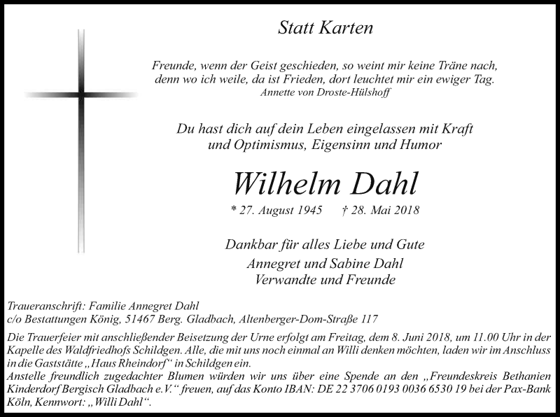  Traueranzeige für Wilhelm Dahl vom 02.06.2018 aus Kölner Stadt-Anzeiger / Kölnische Rundschau / Express