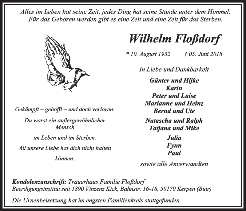  Traueranzeige für Wilhelm Floßdorf vom 23.06.2018 aus  Sonntags-Post 