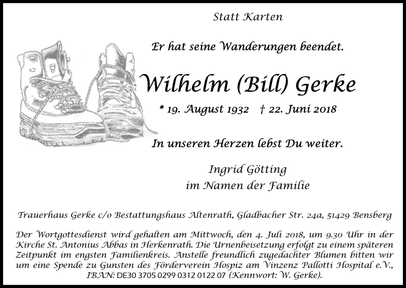  Traueranzeige für Wilhelm Gerke vom 30.06.2018 aus Kölner Stadt-Anzeiger / Kölnische Rundschau / Express