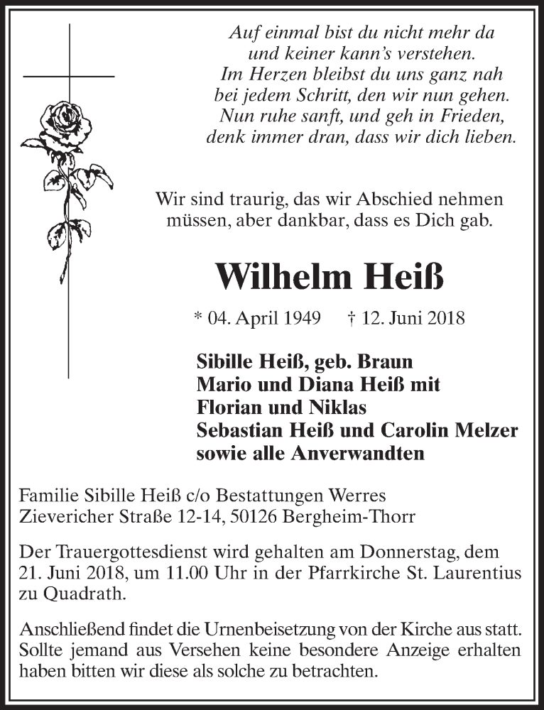  Traueranzeige für Wilhelm Heiß vom 16.06.2018 aus  Sonntags-Post 
