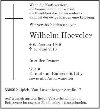 Anzeige von Wilhelm Hoeveler von  Blickpunkt Euskirchen 