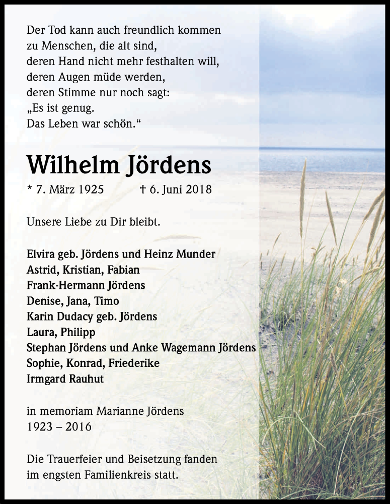  Traueranzeige für Wilhelm Jördens vom 21.06.2018 aus Kölner Stadt-Anzeiger / Kölnische Rundschau / Express