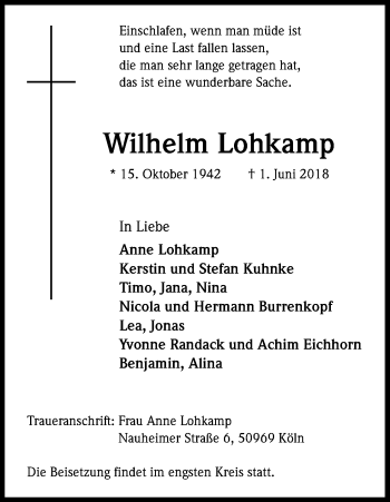 Anzeige von Wilhelm Lohkamp von Kölner Stadt-Anzeiger / Kölnische Rundschau / Express