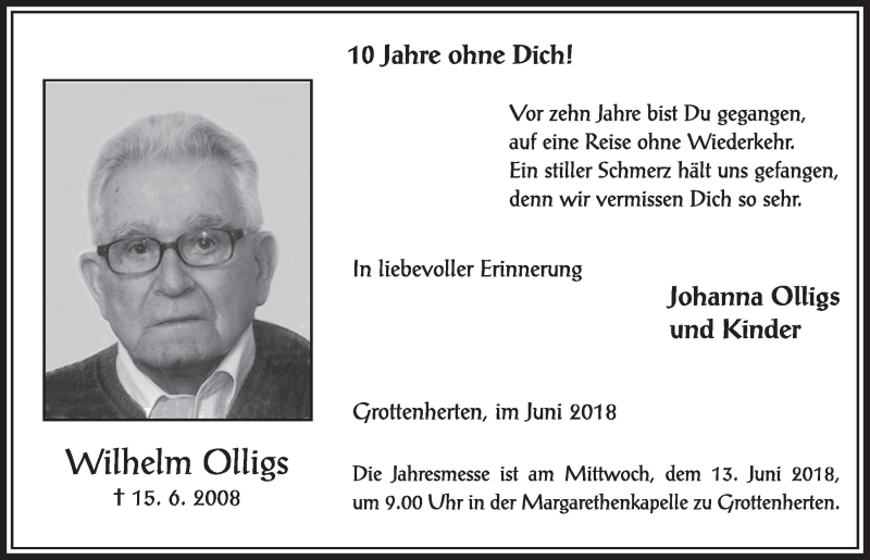  Traueranzeige für Wilhelm Olligs vom 02.06.2018 aus  Sonntags-Post 