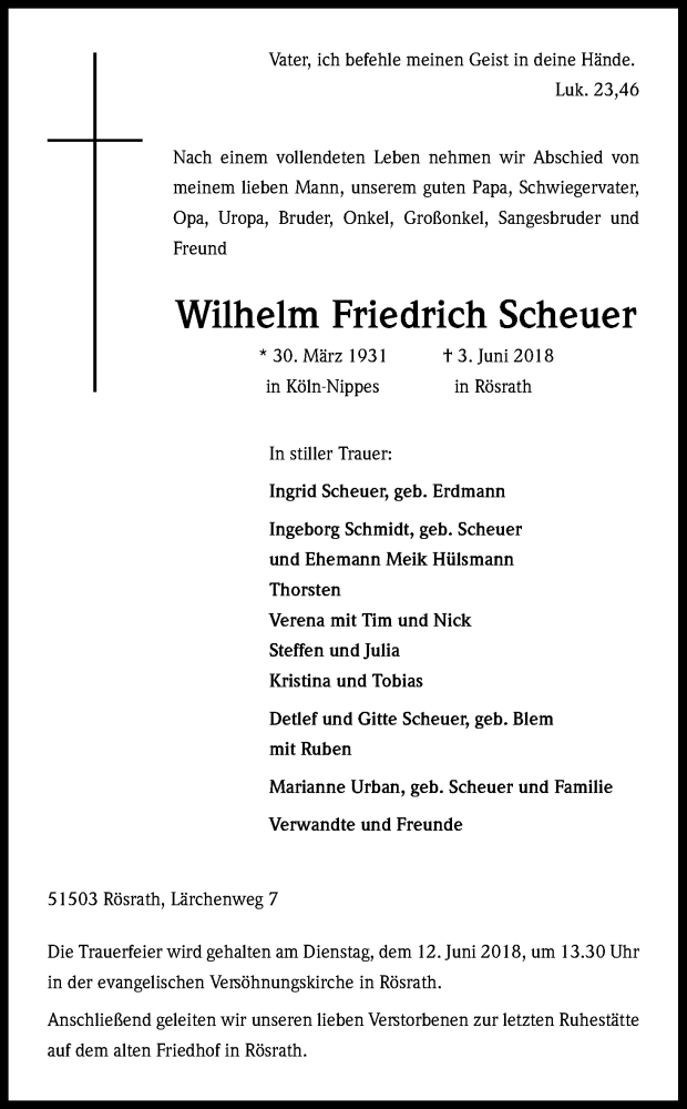  Traueranzeige für Wilhelm Friedrich Scheuer vom 09.06.2018 aus Kölner Stadt-Anzeiger / Kölnische Rundschau / Express