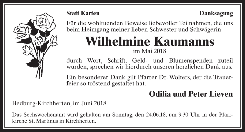  Traueranzeige für Wilhelmine Kaumanns vom 20.06.2018 aus  Werbepost 