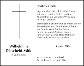 Anzeige von Wilhelmine Teitscheid-Mitic von  Lokalanzeiger 