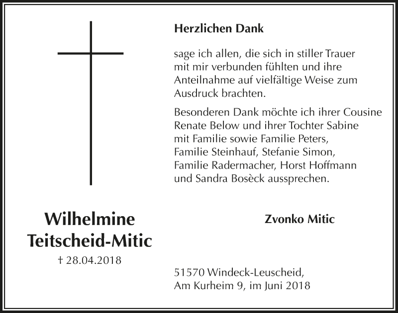  Traueranzeige für Wilhelmine Teitscheid-Mitic vom 27.06.2018 aus  Lokalanzeiger 