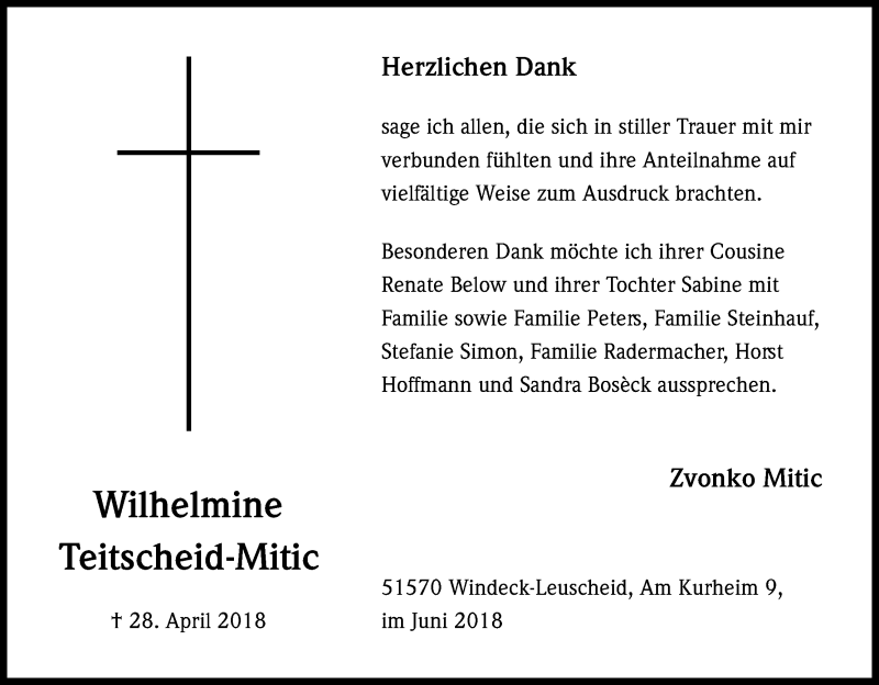  Traueranzeige für Wilhelmine Teitscheid-Mitic vom 30.06.2018 aus Kölner Stadt-Anzeiger / Kölnische Rundschau / Express