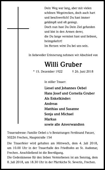 Anzeige von Willi Gruber von Kölner Stadt-Anzeiger / Kölnische Rundschau / Express