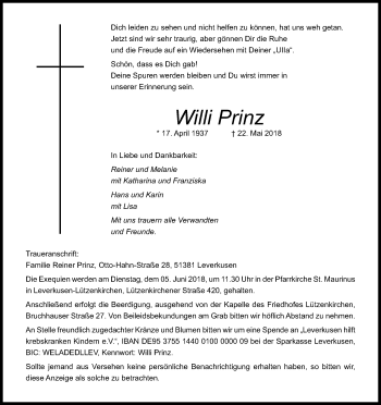 Anzeige von Willi Prinz von Kölner Stadt-Anzeiger / Kölnische Rundschau / Express