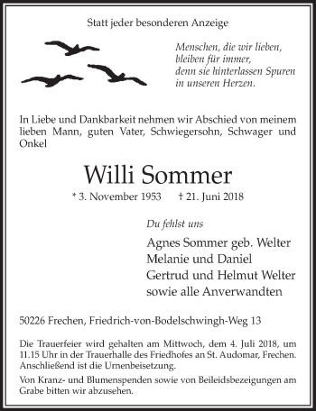 Anzeige von Willi Sommer von  Sonntags-Post 