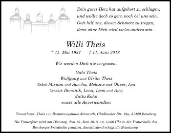 Anzeige von Willi Theis von Kölner Stadt-Anzeiger / Kölnische Rundschau / Express