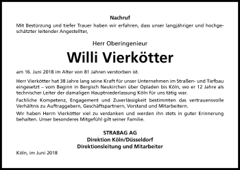 Anzeige von Willi Vierkötter von Kölner Stadt-Anzeiger / Kölnische Rundschau / Express