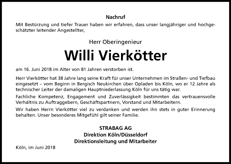  Traueranzeige für Willi Vierkötter vom 23.06.2018 aus Kölner Stadt-Anzeiger / Kölnische Rundschau / Express