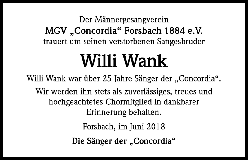  Traueranzeige für Willi Wank vom 09.06.2018 aus Kölner Stadt-Anzeiger / Kölnische Rundschau / Express