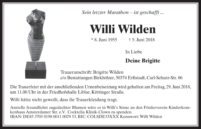  Traueranzeige für Willi Wilden vom 27.06.2018 aus  Werbepost 