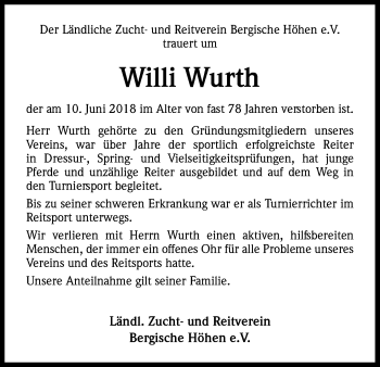 Anzeige von Willi Wurth von Kölner Stadt-Anzeiger / Kölnische Rundschau / Express