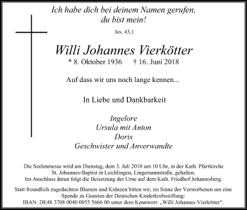 Anzeige von Willi Johannes Vierkötter von Kölner Stadt-Anzeiger / Kölnische Rundschau / Express