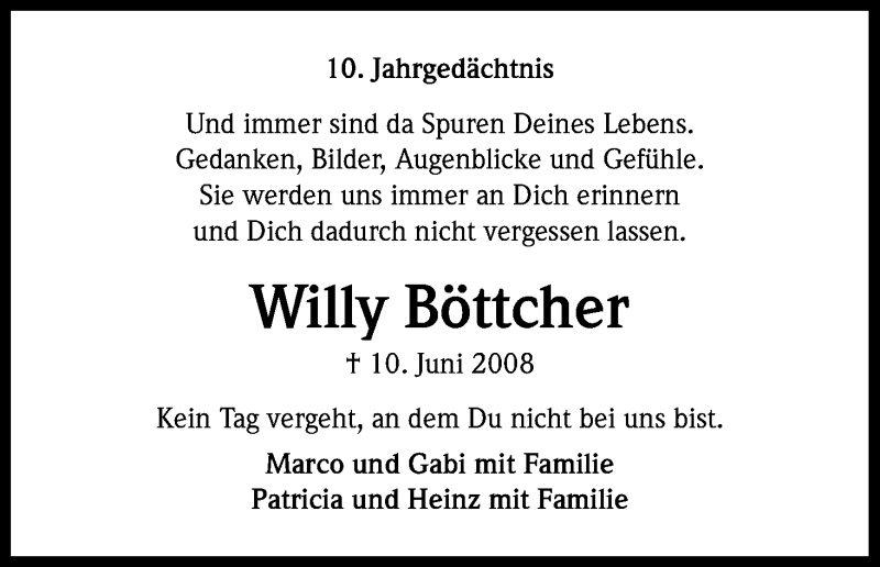  Traueranzeige für Willy Böttcher vom 09.06.2018 aus Kölner Stadt-Anzeiger / Kölnische Rundschau / Express