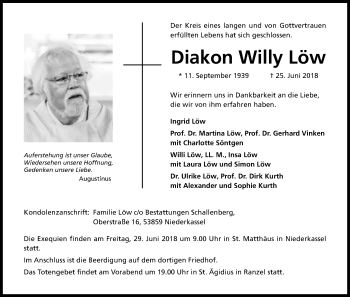 Anzeige von Willy Löw von Kölner Stadt-Anzeiger / Kölnische Rundschau / Express