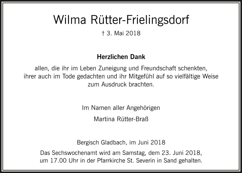  Traueranzeige für Wilma Rütter-Frielingsdorf vom 09.06.2018 aus  Bergisches Sonntagsblatt 