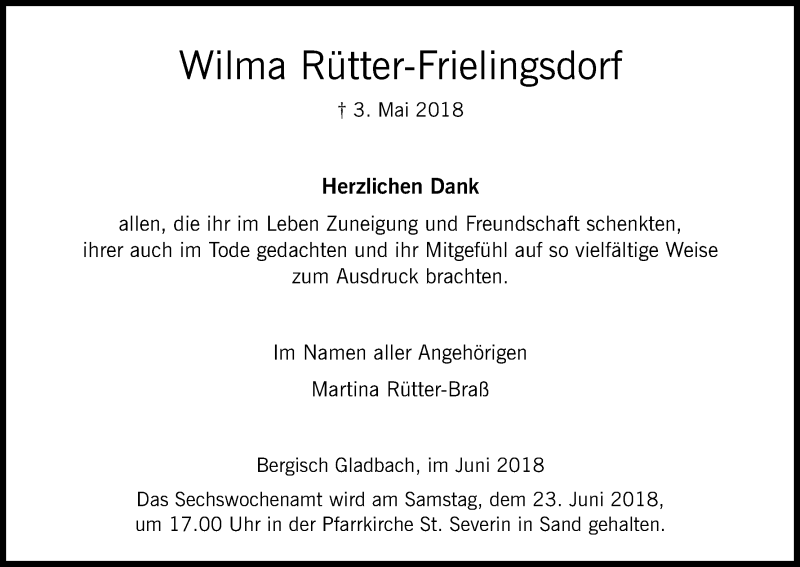  Traueranzeige für Wilma Rütter-Frielingsdorf vom 09.06.2018 aus Kölner Stadt-Anzeiger / Kölnische Rundschau / Express