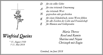 Anzeige von Winfried Queins von Kölner Stadt-Anzeiger / Kölnische Rundschau / Express