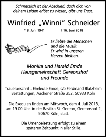 Anzeige von Winfried Schneider von Kölner Stadt-Anzeiger / Kölnische Rundschau / Express