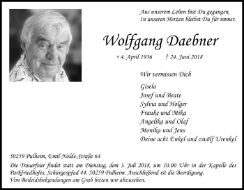Anzeige von Wolfgang Daebner von Kölner Stadt-Anzeiger / Kölnische Rundschau / Express