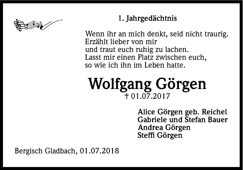  Traueranzeige für Wolfgang Görgen vom 30.06.2018 aus Kölner Stadt-Anzeiger / Kölnische Rundschau / Express