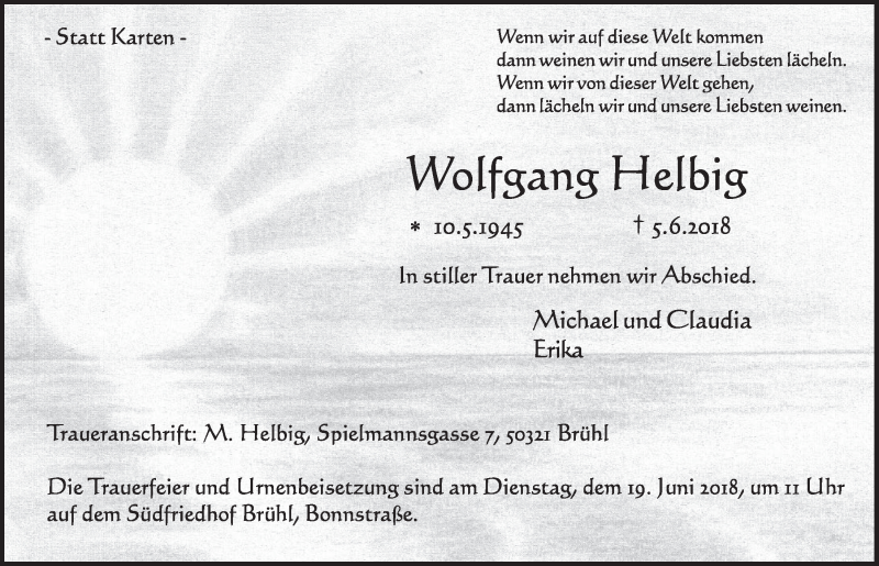  Traueranzeige für Wolfgang Helbig vom 13.06.2018 aus  Schlossbote/Werbekurier 