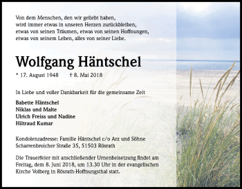 Anzeige von Wolfgang Häntschel von Kölner Stadt-Anzeiger / Kölnische Rundschau / Express