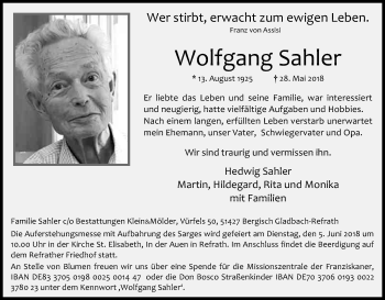 Anzeige von Wolfgang Sahler von Kölner Stadt-Anzeiger / Kölnische Rundschau / Express