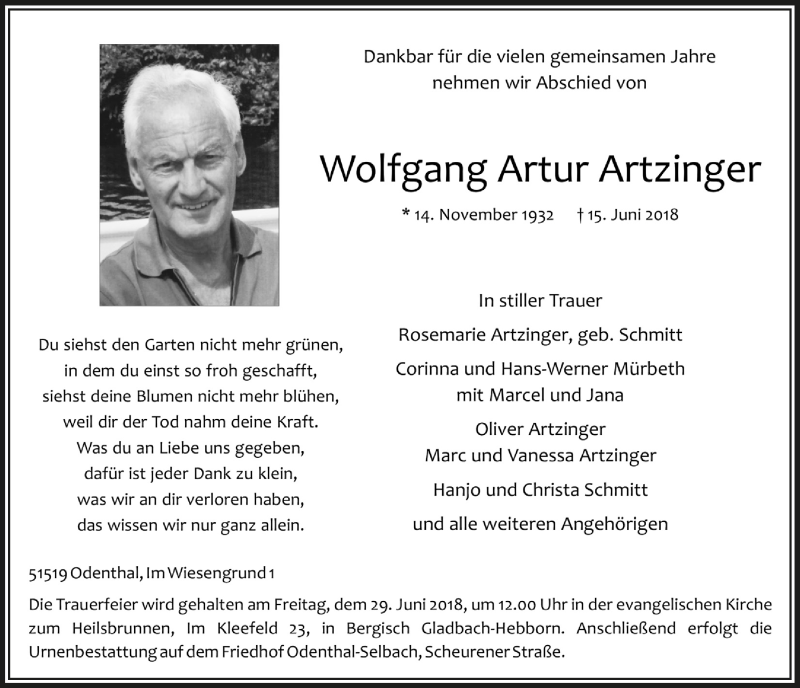  Traueranzeige für Wolfgang Artur Artzinger vom 20.06.2018 aus  Bergisches Handelsblatt 