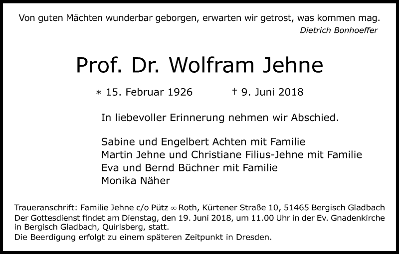  Traueranzeige für Wolfram Jehne vom 16.06.2018 aus Kölner Stadt-Anzeiger / Kölnische Rundschau / Express