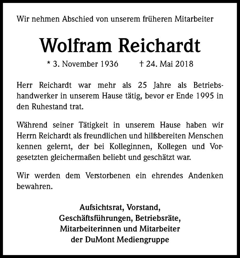  Traueranzeige für Wolfram Reichardt vom 23.06.2018 aus Kölner Stadt-Anzeiger / Kölnische Rundschau / Express