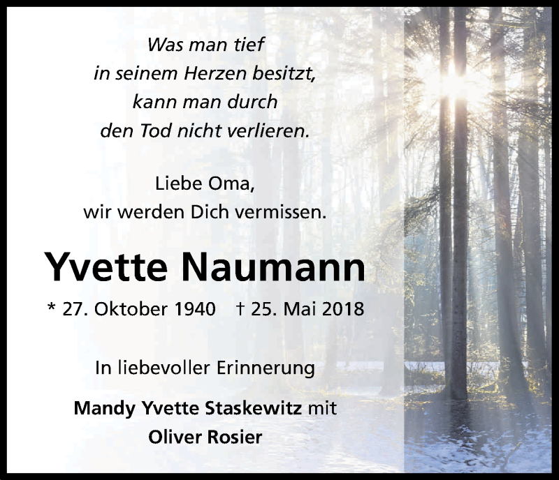  Traueranzeige für Yvette Naumann vom 06.06.2018 aus Kölner Stadt-Anzeiger / Kölnische Rundschau / Express