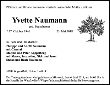 Anzeige von Yvette Naumann von Kölner Stadt-Anzeiger / Kölnische Rundschau / Express