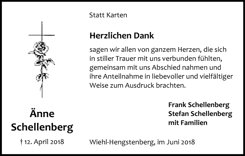  Traueranzeige für Änne Schellenberg vom 02.06.2018 aus Kölner Stadt-Anzeiger / Kölnische Rundschau / Express