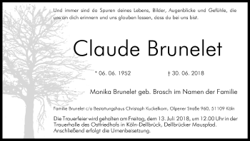 Anzeige von Claude Brunelet von Kölner Stadt-Anzeiger / Kölnische Rundschau / Express