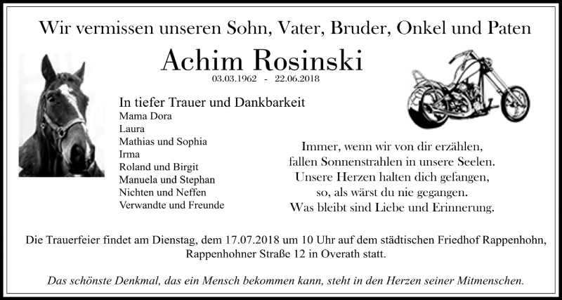  Traueranzeige für Achim Rosinski vom 11.07.2018 aus  Bergisches Handelsblatt 