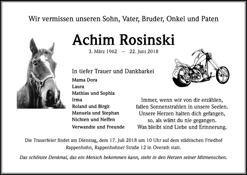  Traueranzeige für Achim Rosinski vom 07.07.2018 aus RB