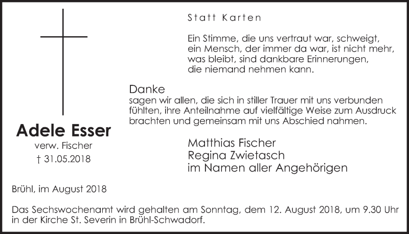  Traueranzeige für Adele Esser vom 01.08.2018 aus  Schlossbote/Werbekurier 