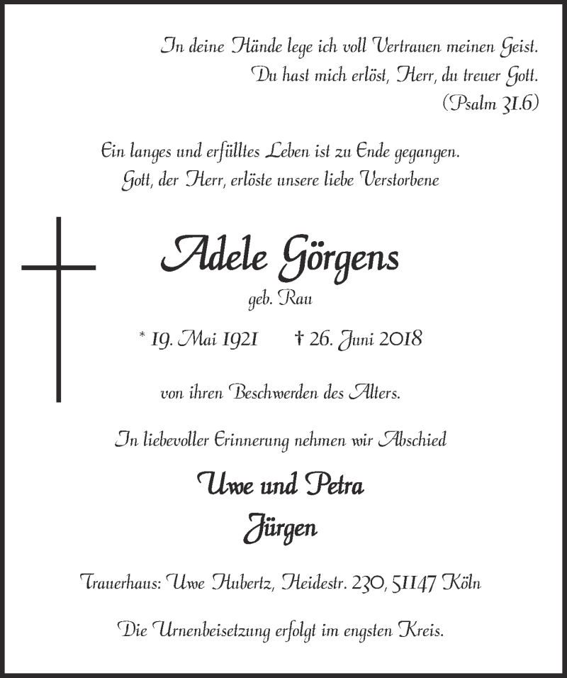  Traueranzeige für Adele Görgens vom 04.07.2018 aus  Kölner Wochenspiegel 