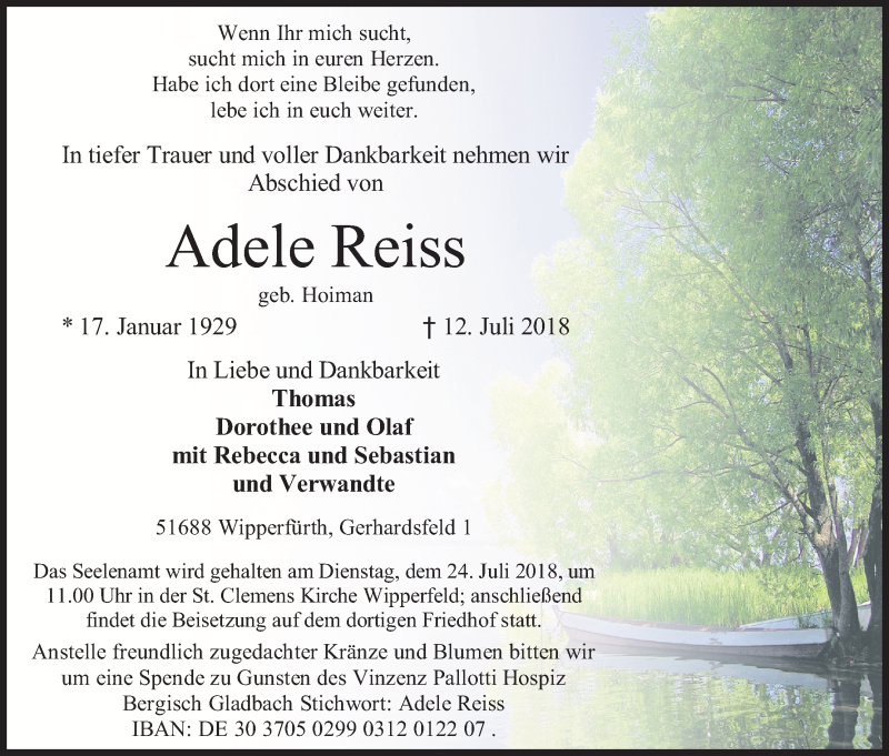  Traueranzeige für Adele Reiss vom 18.07.2018 aus RB