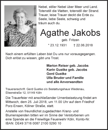 Anzeige von Agatha Jakobs von  Kölner Wochenspiegel 