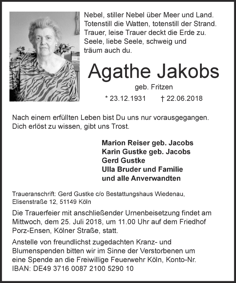  Traueranzeige für Agatha Jakobs vom 11.07.2018 aus  Kölner Wochenspiegel 