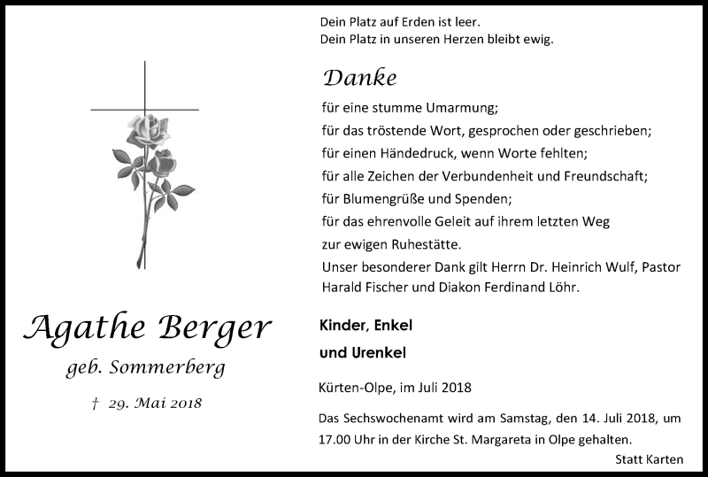  Traueranzeige für Agathe Berger vom 07.07.2018 aus RB